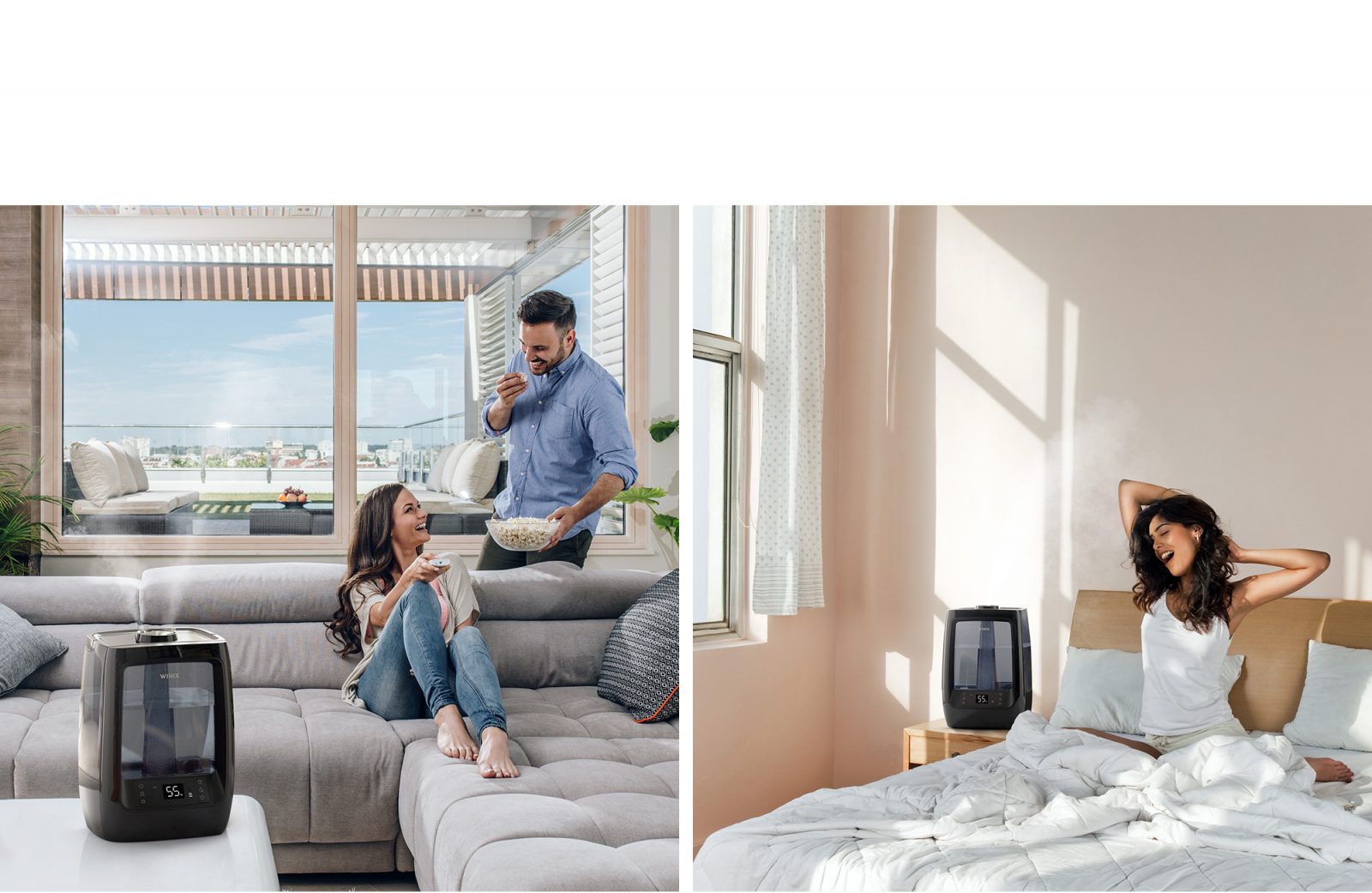 Two images of L200 humidifier, one of a couple relaxing with the L200 humidifier on coffee table and other image of L200 humidifier on nightstand next to woman waking up