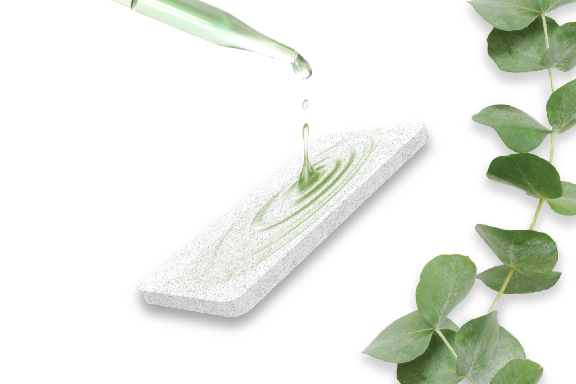 Eucalyptus pre-soaked aroma pad with green liquid drops and eucalyptus leaves