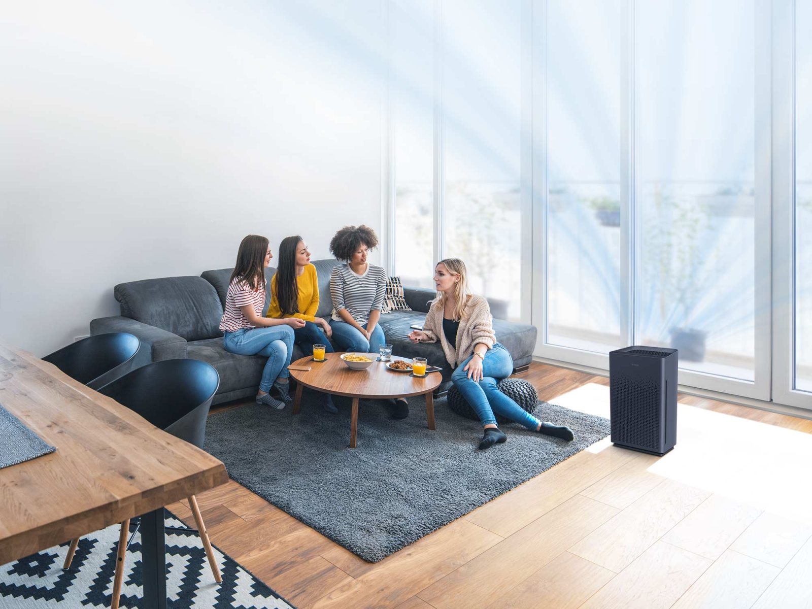Group of people sitting on the couch in living room with AM80 air purifier
