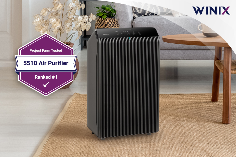 5510 Air purifier in livingroom with Ranked #1 by Project Farm badge