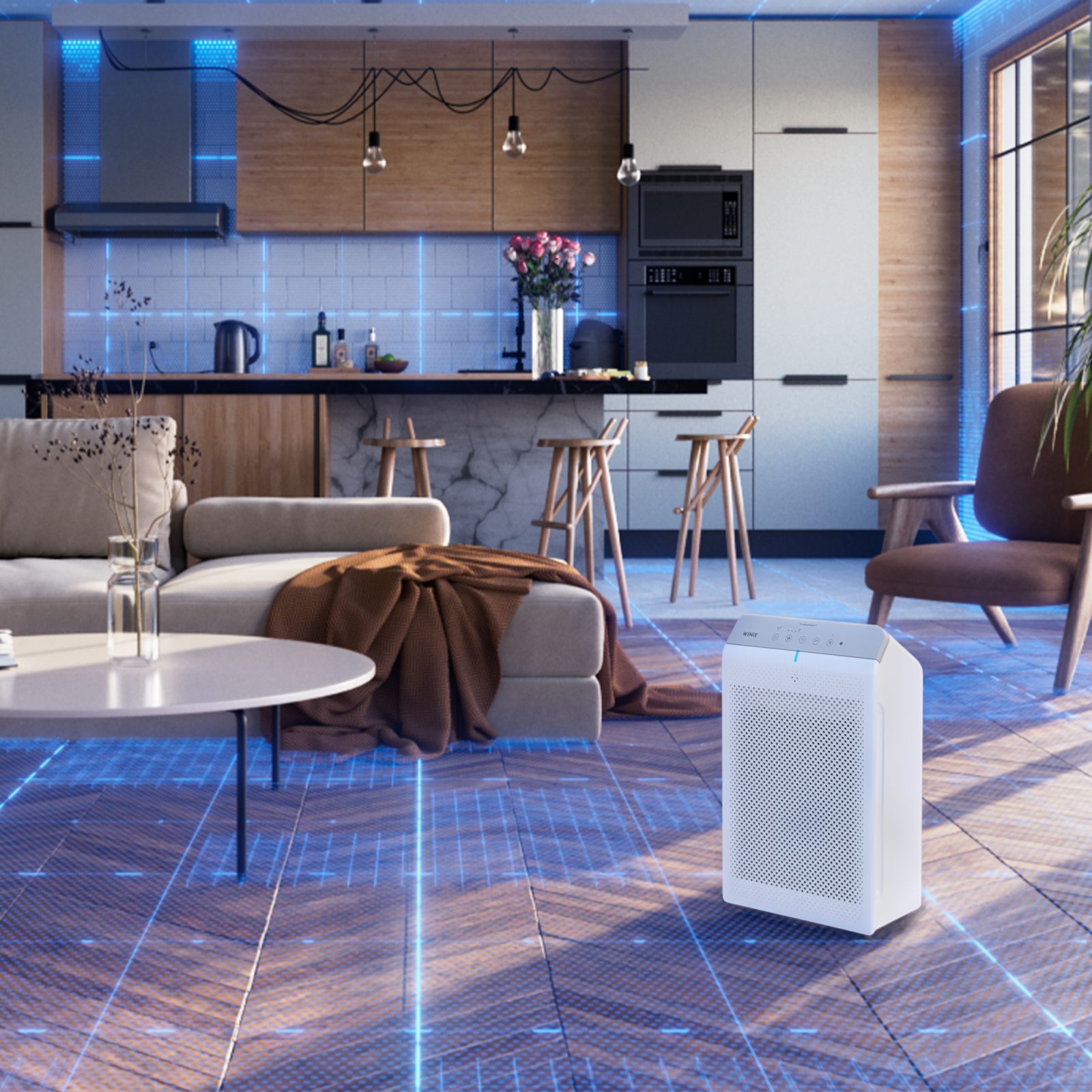 5530 air purifier in living room with radar like highlights outlining the room size